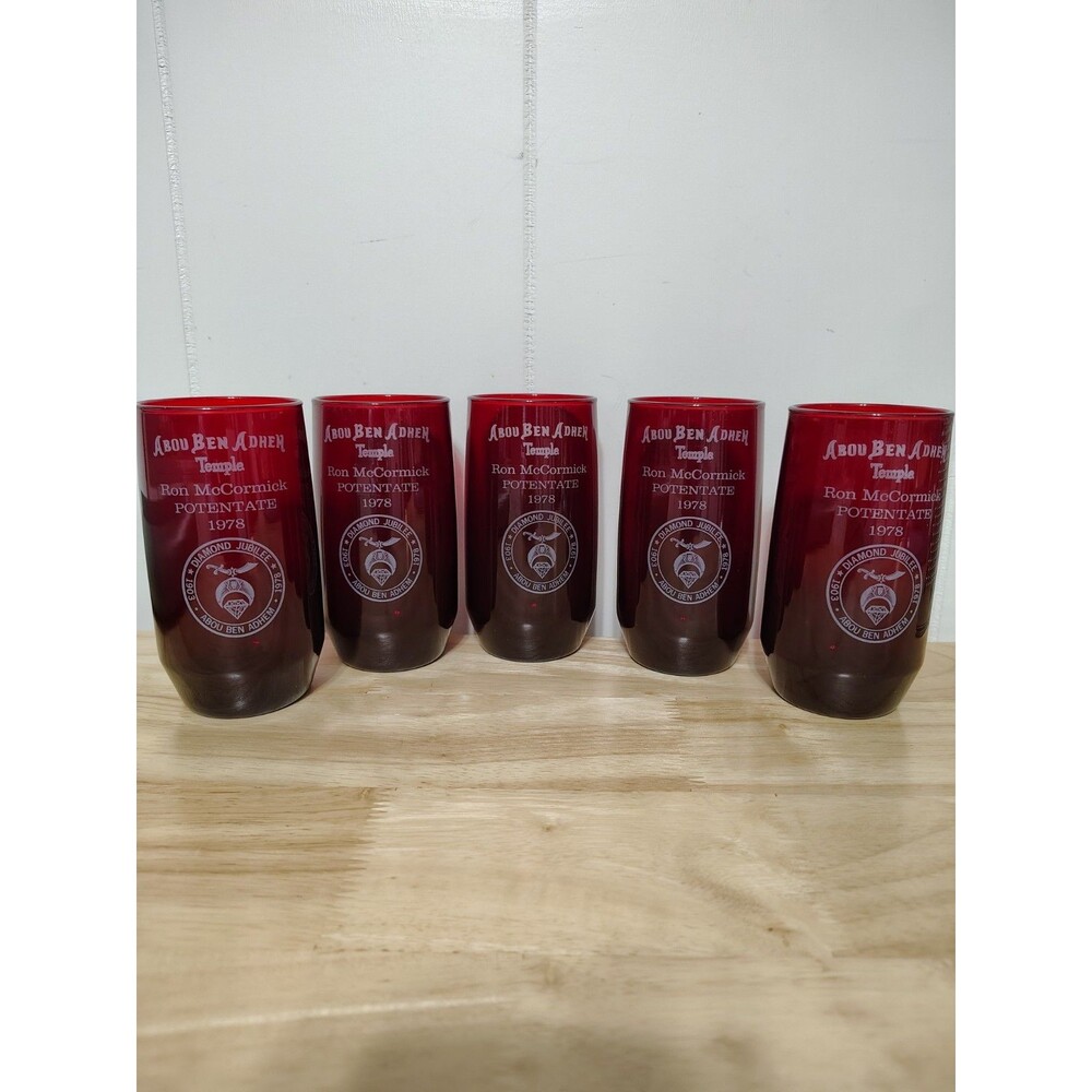 Set Of 5 Ruby Red ABOU Ben Adhem Temple Diamond Jubilee 1978 Glasses Shriners